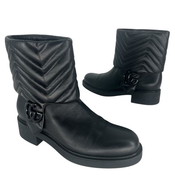 Gucci Quilted Double G Leather Moto Boots Black Ankle Booties Size 39 - Picture 1 of 16